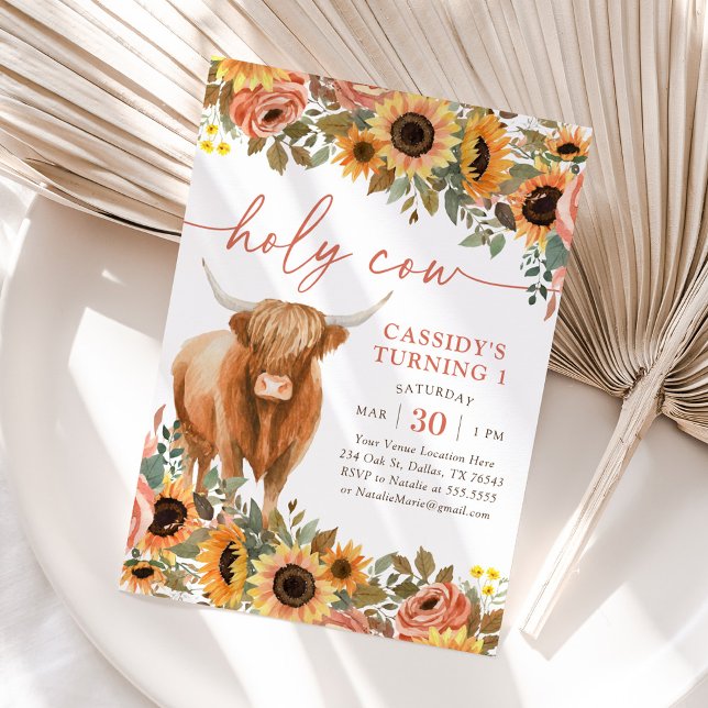 Invitation Fleur de soleil florale Highland Cow Anniversaire (Créateur téléchargé)