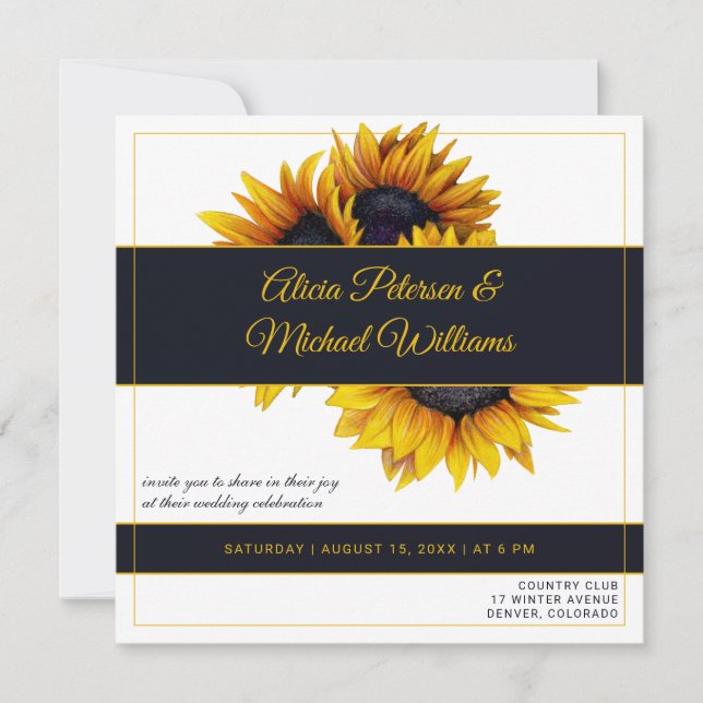 Invitation Fleur de soleil | Mariage moderne Gold et Navy (Devant)