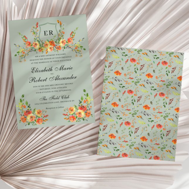 Invitation Fleur de soleil Monogramme Floral Green Crest Mari (Créateur téléchargé)