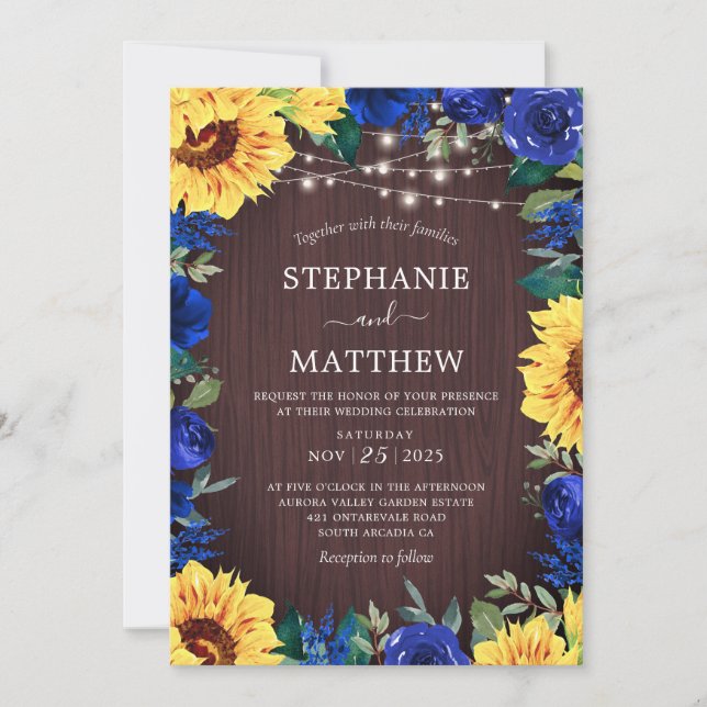 Invitation Fleur de soleil rustique Lumières Mariage en bois (Devant)