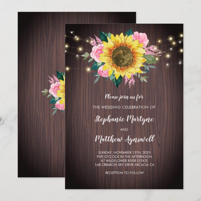 Invitation Fleur de Soleil Rustique Lumières Mariage rose (Devant / Derrière)