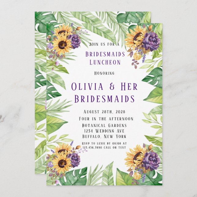 Invitation Fleur de soleil vert violet Floral Bridesmaids Déj (Devant / Derrière)