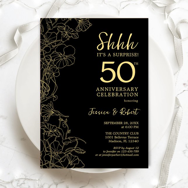 Invitation Fleur de Surprise Or Noir 50e Anniversaire (Créateur téléchargé)