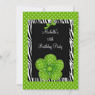 Invitation Fleur de tache verte zèbre noir et blanc pour 13e 