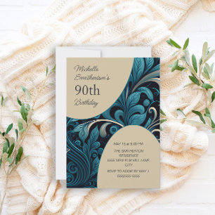 Invitation Fleur de teal or élégant 90e anniversaire
