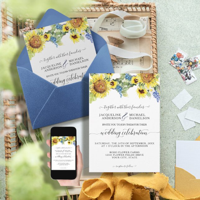 Invitation Fleur de tournesol bleu BOHO Chic Eucalyptus Maria (Créateur téléchargé)