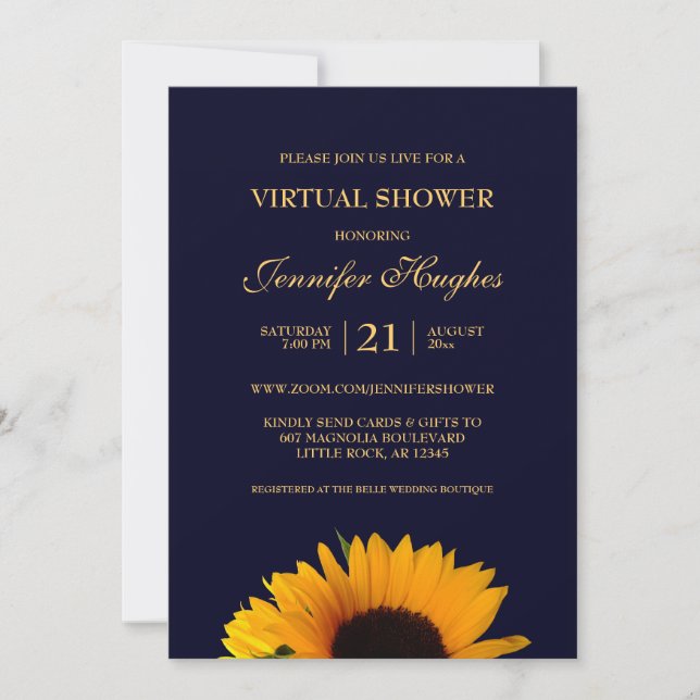 Invitation Fleur de Tournesol Bleu Marine Virtuelle (Devant)
