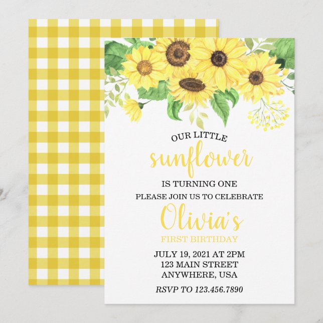 Invitation Fleur de tournesol été premier anniversaire (Devant / Derrière)