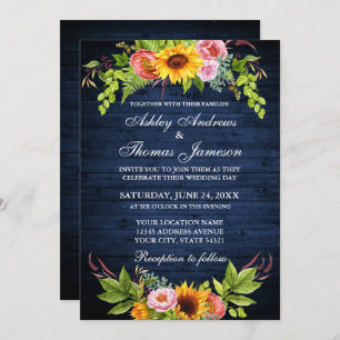 Invitation Fleur de tournesol Mariage en bois bleu rustique