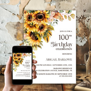 Invitation Fleur de tournesol rustique 100e fête d'anniversai