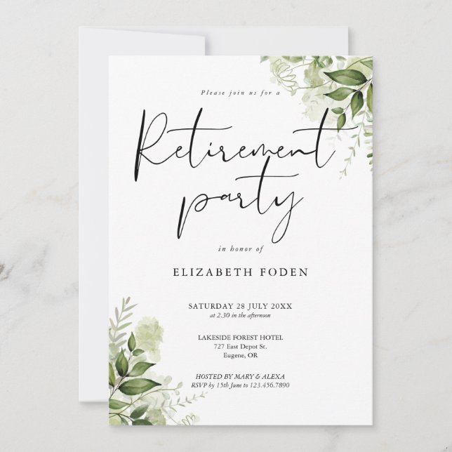 Invitation Fleur de verdure Élégant Script Retraite Party (Devant)