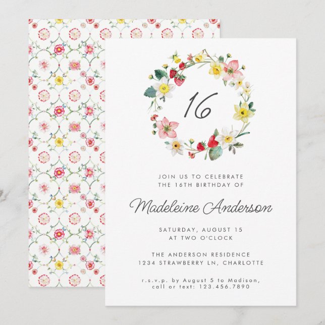 Invitation Fleur d'été fraise Wreath 16e anniversaire (Devant / Derrière)