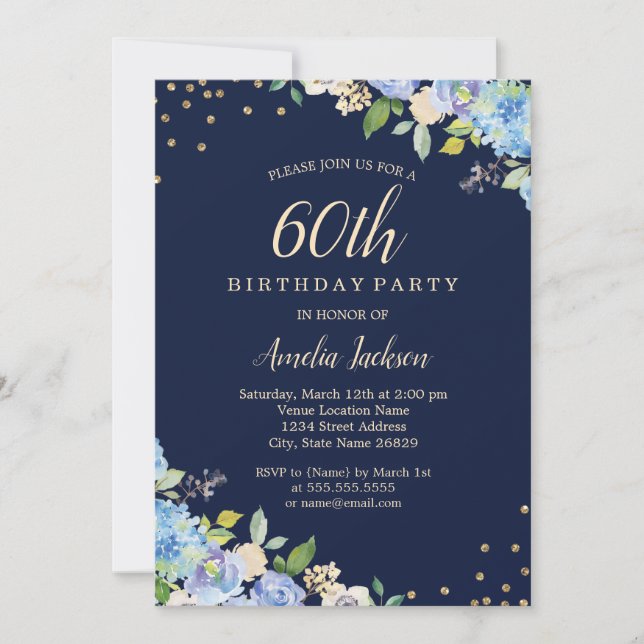 Invitation Fleur d'étincelle Bleu 60e fête d'anniversaire (Devant)