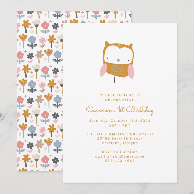 Invitation Fleur d'hibou rose moderne Simple 1er anniversaire (Devant / Derrière)