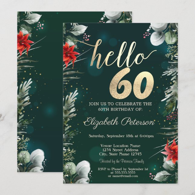 Invitation Fleur d'hiver Poinsettia Vert 60e anniversaire (Devant / Derrière)