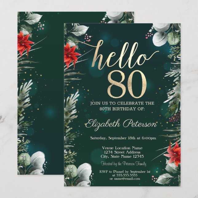 Invitation Fleur d'hiver Poinsettia Vert 80e anniversaire (Devant / Derrière)