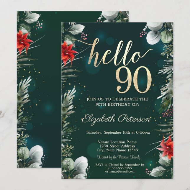 Invitation Fleur d'hiver Poinsettia Vert 90e anniversaire (Devant / Derrière)