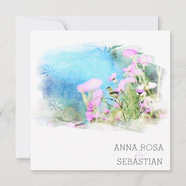 Invitation *~* Fleur d'oiseaux AR12 PHOTO RSVP + Mariage QR (Devant)