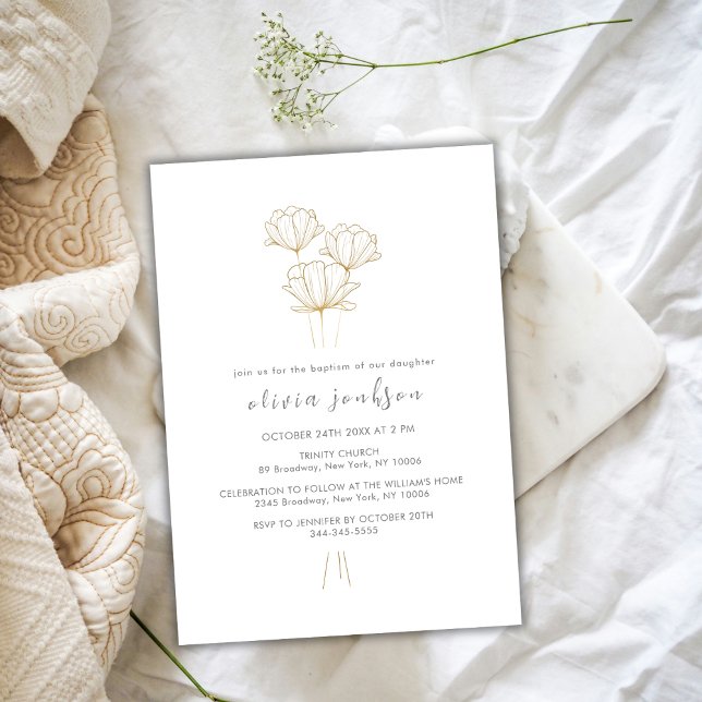 Invitation Fleur d'or noir moderne Christening Girl Baptême (Modern Black Gold Flower Christening Girl Baptism Invitation)