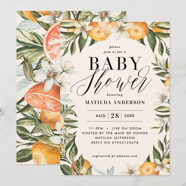 Invitation Fleur d'oranger d'agrumes baby shower (Devant / Derrière)