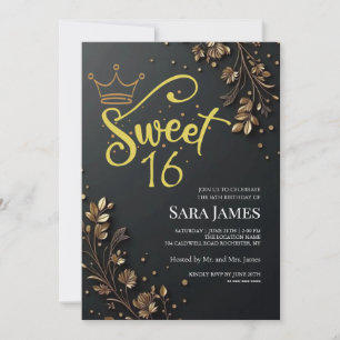 Invitation Fleur dorée noire pour un anniversaire Sweet 16