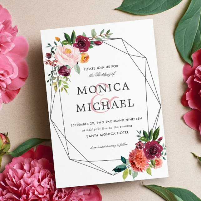 Invitation Fleur du pays | Mariage végétal géométrique floral (Wedding invitation with burgundy orange and pink flowers and green, leaves. Elegant Country botanic)