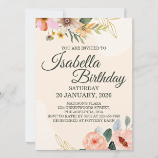 Invitation Fleur Élégante – Fleur Aquarelle Rose et Pêche