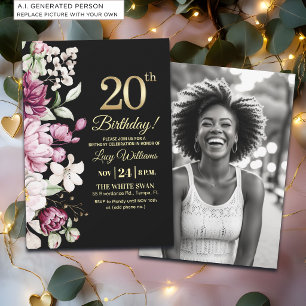 Invitation Fleur Élégante Or 20 Anniversaire Photo