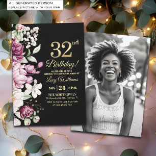 Invitation Fleur Élégante Or 32 Anniversaire Photo