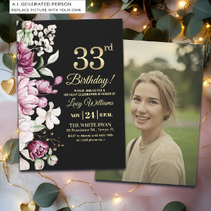 Invitation Fleur Élégante Or 33 Anniversaire Photo