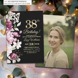 Invitation Fleur Élégante Or 38 Photo d'anniversaire