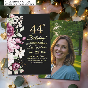 Invitation Fleur Élégante Or 44 Photo Anniversaire