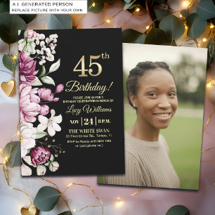 Invitation Fleur Élégante Or 45 Anniversaire Photo