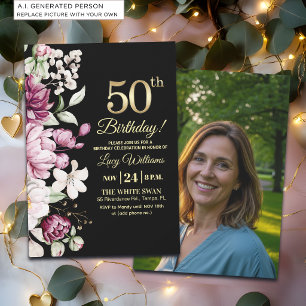 Invitation Fleur Élégante Or 50 Anniversaire Photo