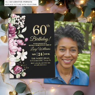 Invitation Fleur Élégante Or 60 Anniversaire Photo
