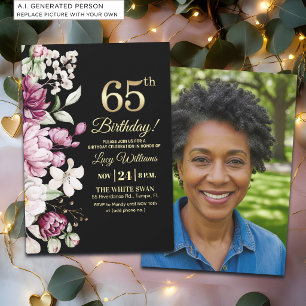 Invitation Fleur Élégante Or 65 Anniversaire Photo