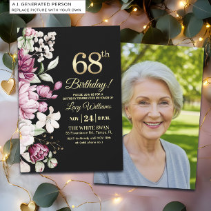 Invitation Fleur Élégante Or 68 Photo Anniversaire