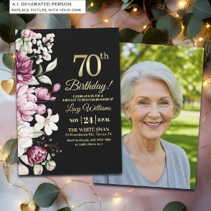 Invitation Fleur Élégante Or 70 Anniversaire Photo