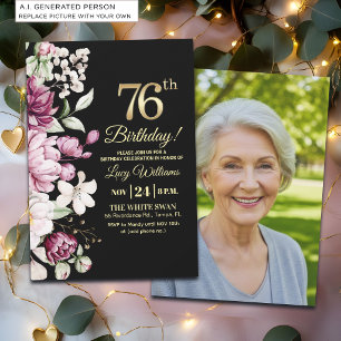 Invitation Fleur Élégante Or 76 Photo d'anniversaire