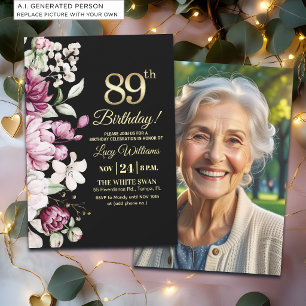 Invitation Fleur Élégante Or 89 Photo Anniversaire