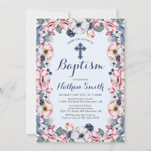 Invitation Fleur et croix Baptême de garçon / Christening