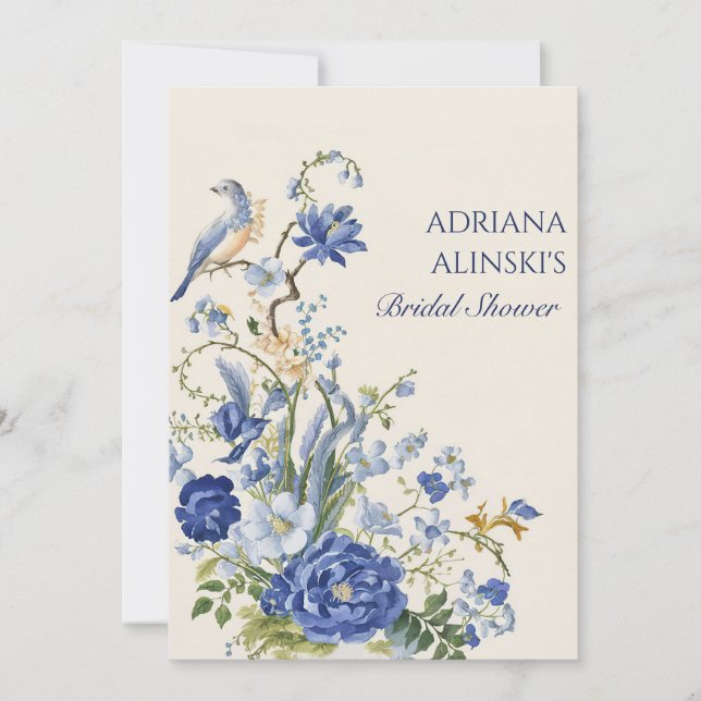 Invitation Fleur et oiseau bleus vintage (Devant)
