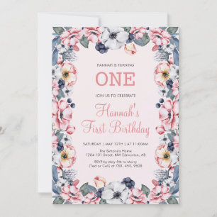 Invitation Fleur et rose   Première fête d'anniversaire de fi