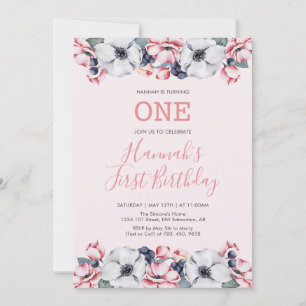 Invitation Fleur et rose   Première Fille fête d'anniversaire