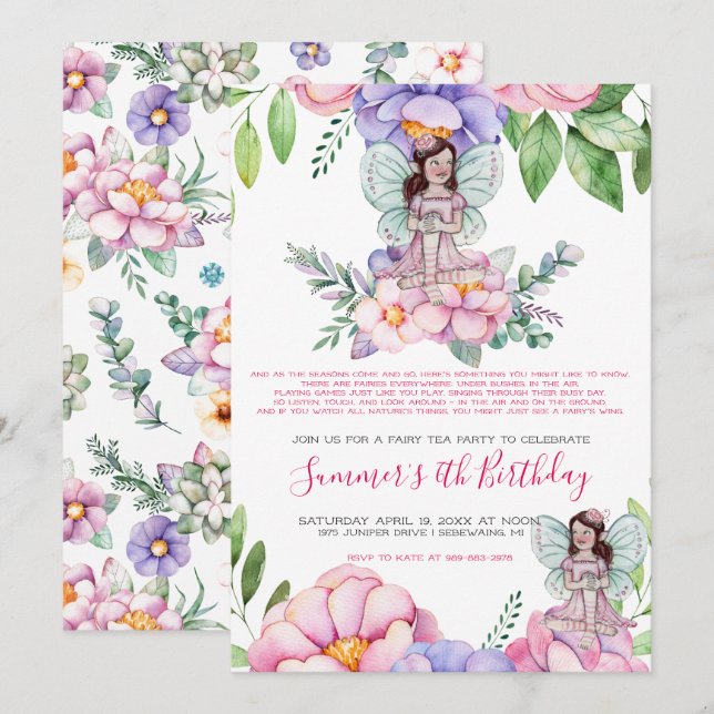 Invitation Fleur Fairy Tea Party (Devant / Derrière)