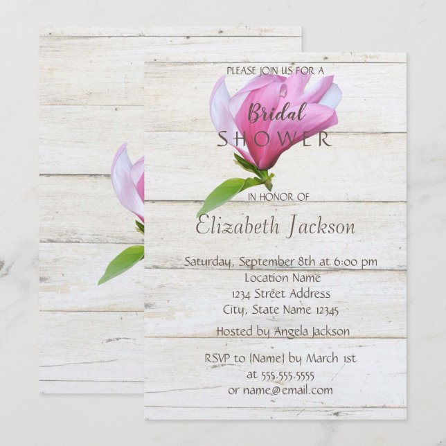 Invitation Fleur, Fête des mariées de texture de bois Magnoli (Devant / Derrière)