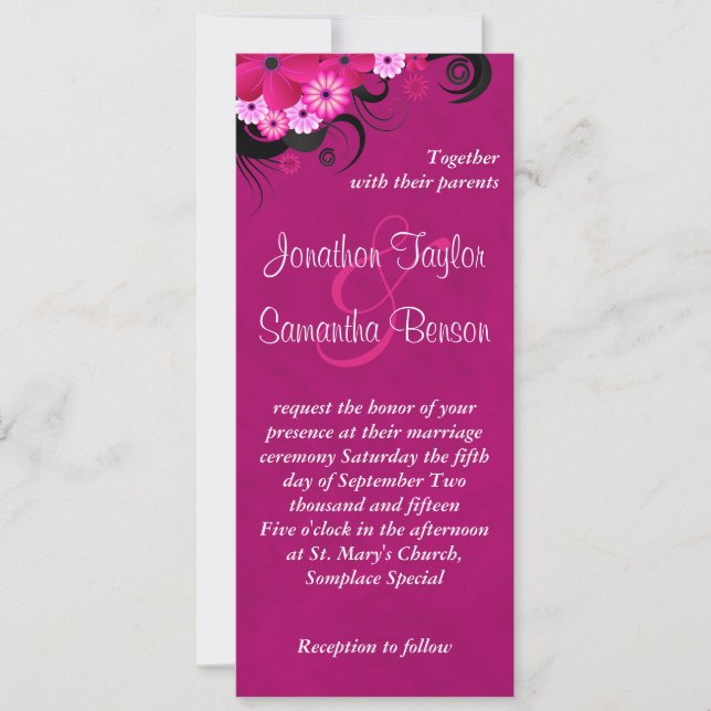 Invitation Fleur Fuchsia foncée 4" x 9,25" Mariage invite (Devant)