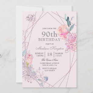 Invitation Fleur grise et rose Géométrique 90e anniversaire
