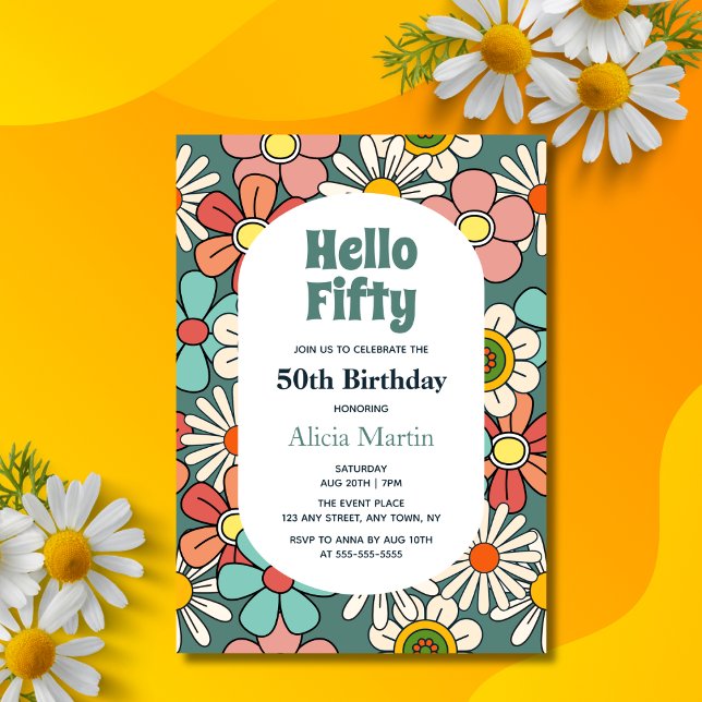 Invitation Fleur Hippie Retro super Bonjour Cinquante Anniver (Créateur téléchargé)