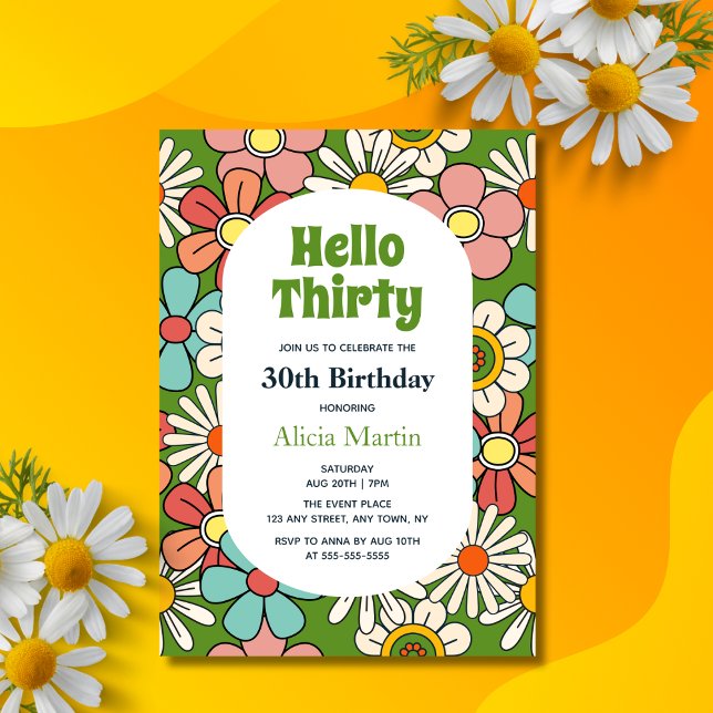 Invitation Fleur Hippie Retro super Bonjour Trente Anniversai (Créateur téléchargé)